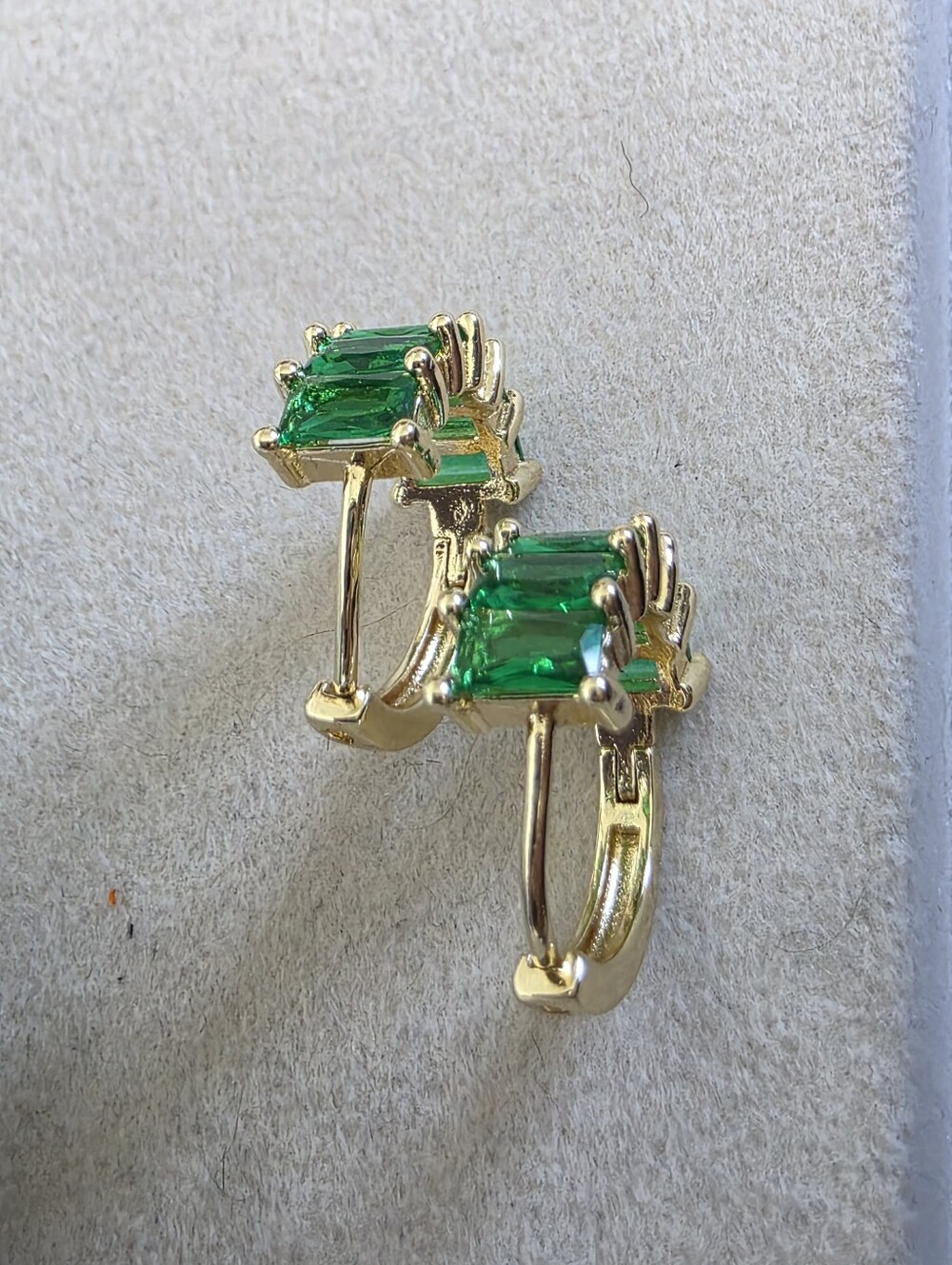 14K Gold Filled Emerald Green Baguette Huggie Hoop Earrings - Picture 4 of 7